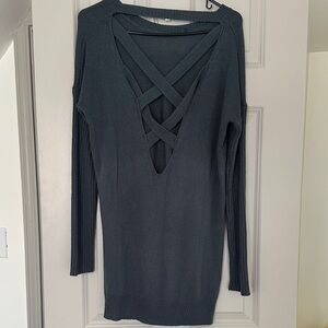 Cynthia Rowley Long Ribbed Pocket Sweater Dress in Slate Gray